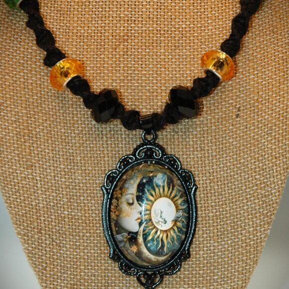Celestial Crescent Moon & Sun on a 17" Handmade Black Hemp Necklace - Picture 1 of 5